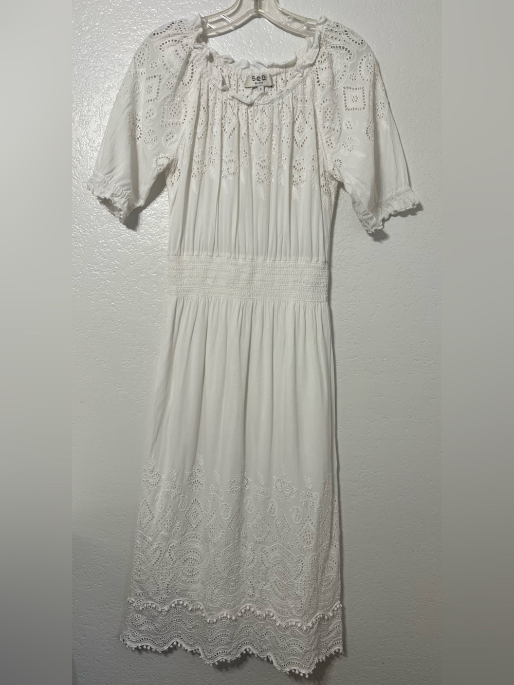 Sea New York White Eyelet Embroidered Midi Dress Boho Cottagecore Romantic - Picture 4 of 10